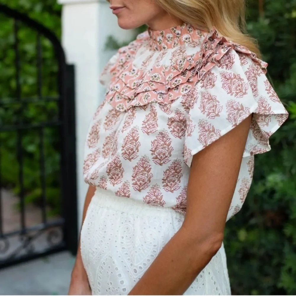Ruffled High-Neck Floral Blouse - Pink/White - Picture 2 of 10